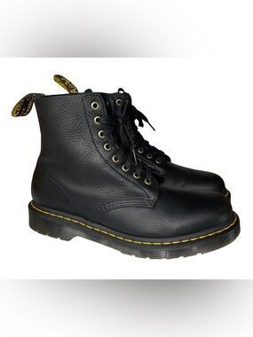 Dr. Martens Black Leather 8-Eye Lace-Up Boots with Yellow Stitching